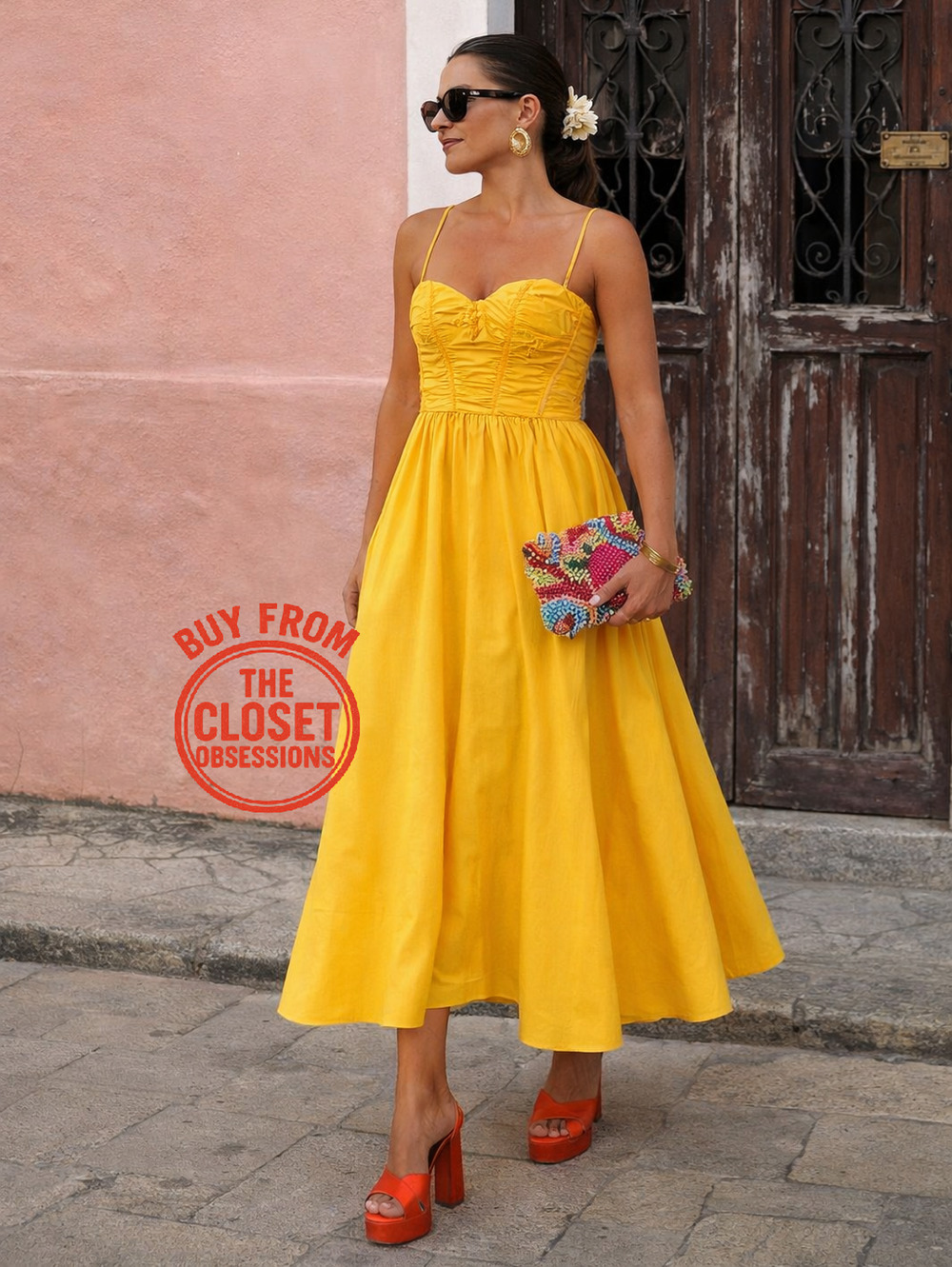 Mango Italian Summer Corset Midi Dress Yellow Resort NWT